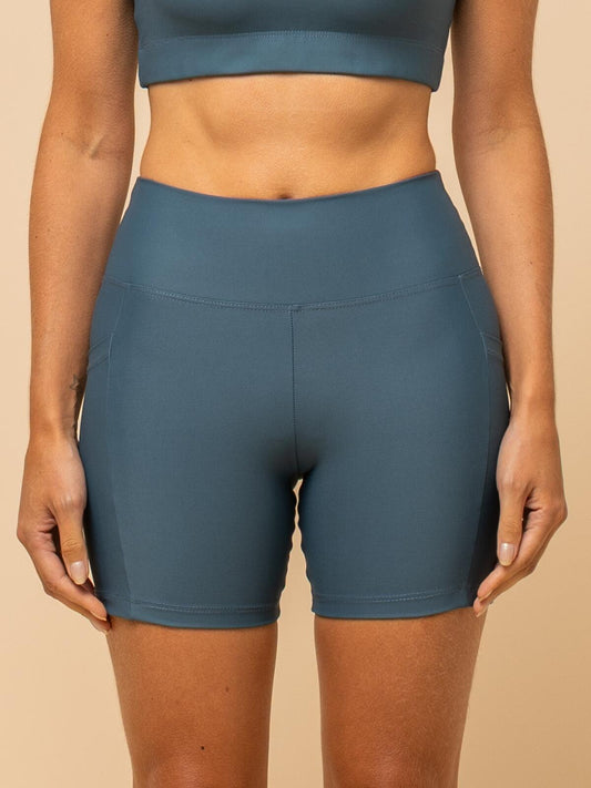 High-Waist Teal Shorts – Compression & Pocket