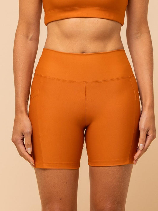 High-Waist Burnt Orange Shorts – Compression & Pocket