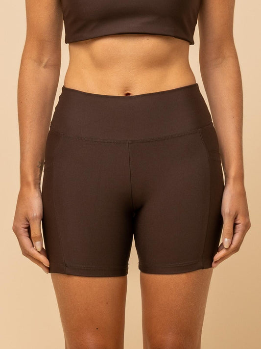 High-Waist Brown Shorts – Compression & Pocket