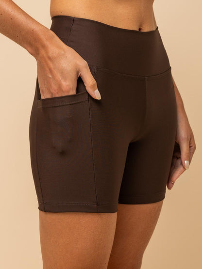 High-Waist Brown Shorts – Compression & Pocket