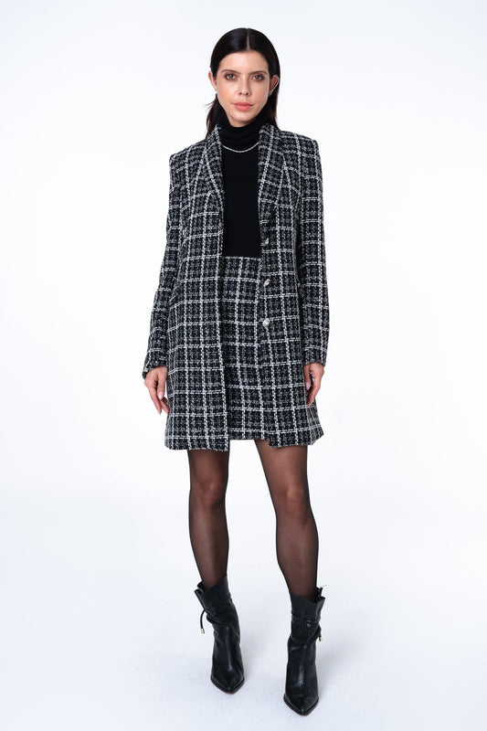 Women’s Long Black Tweed Coat with Pearl Buttons