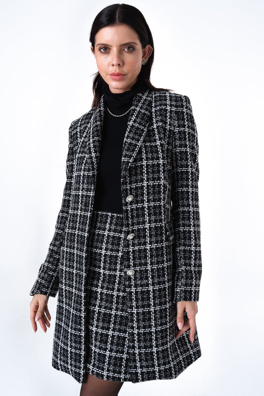 Women’s Long Black Tweed Coat with Pearl Buttons